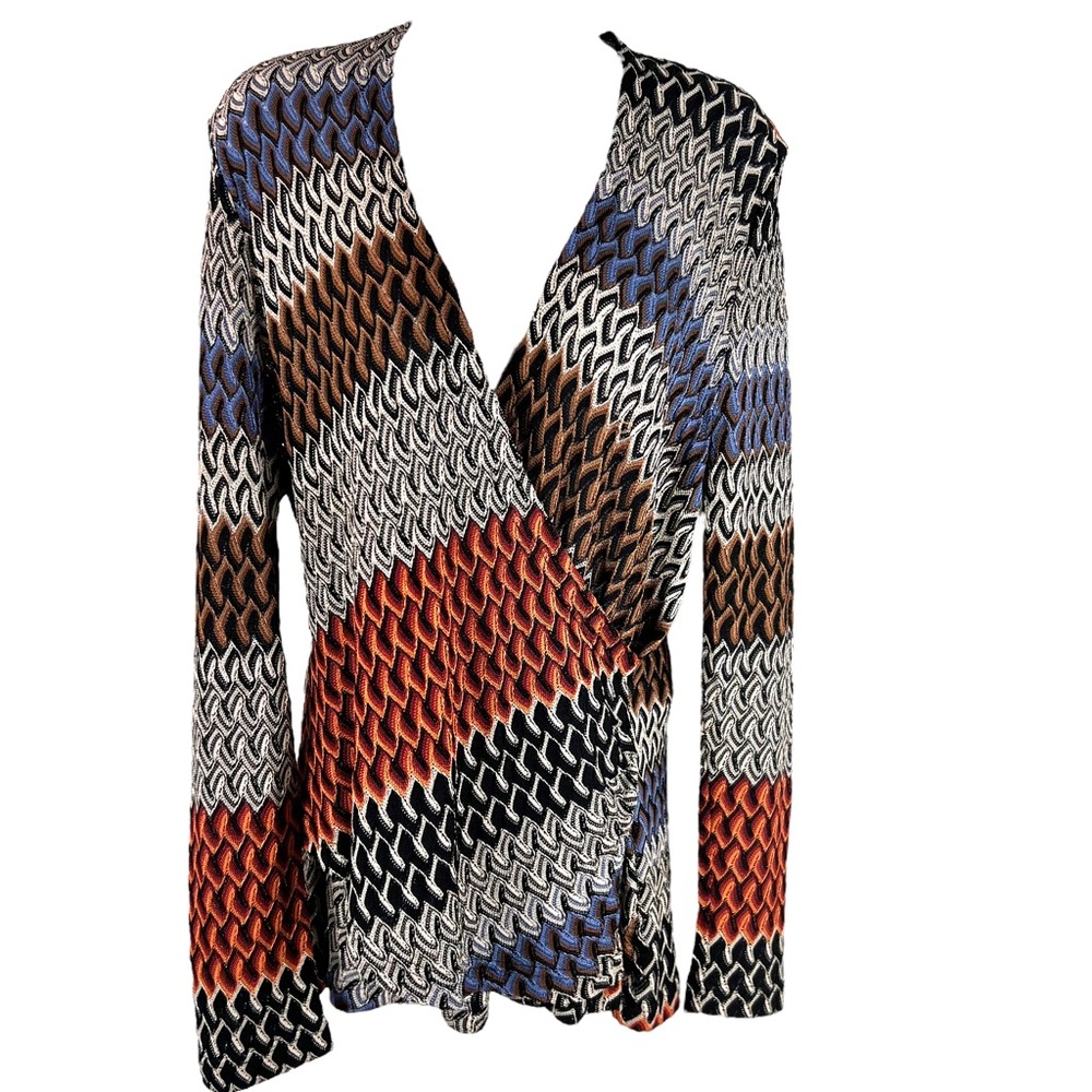 NIC+ZOE Boho Crochet Flame Stitch Surplice Sweater Size M
